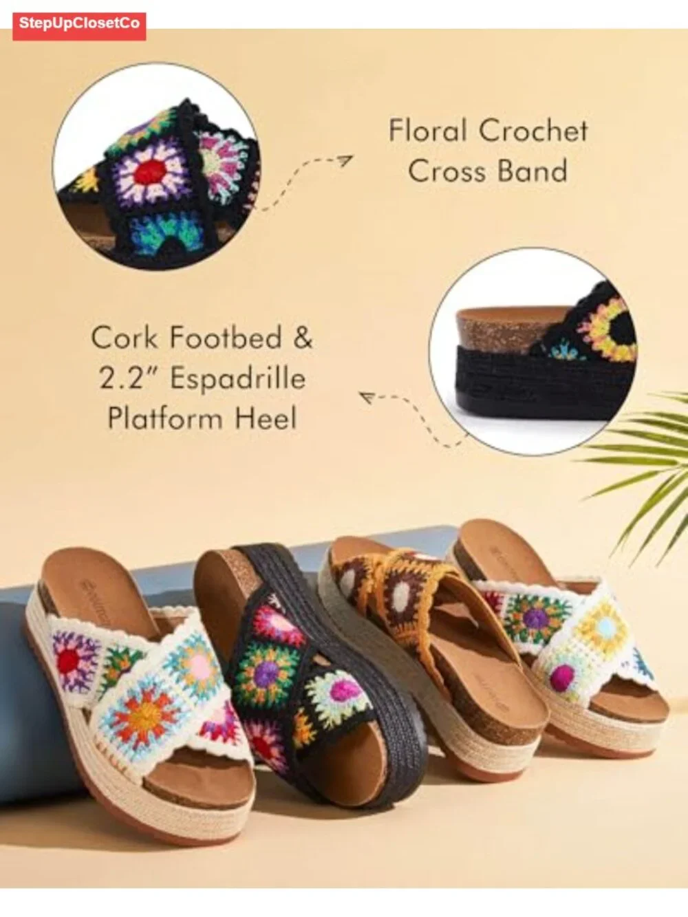 Floral Crochet Platform Espadrille Sandals with Cork Footbed